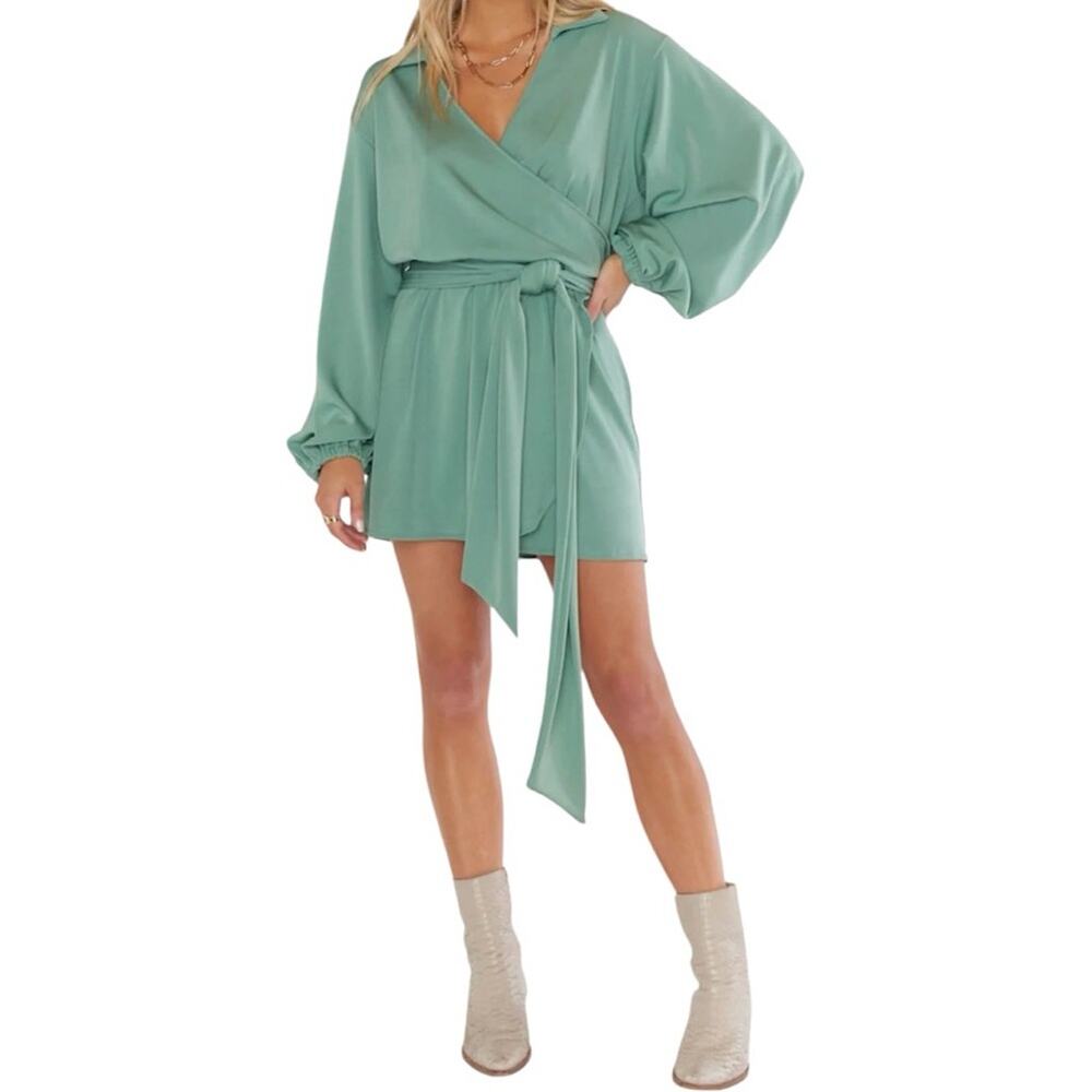 NWT Show Me Your MuMu Chloe Collared Dress in Sage Green Stretch Size Small